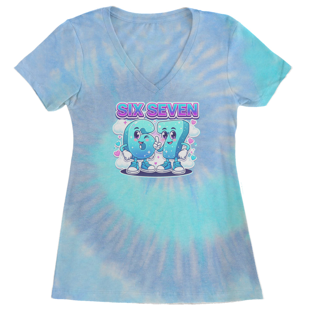 67 Six Seven Meme Kawaii Cloud Ladies V-Neck T-shirt Blue Clouds