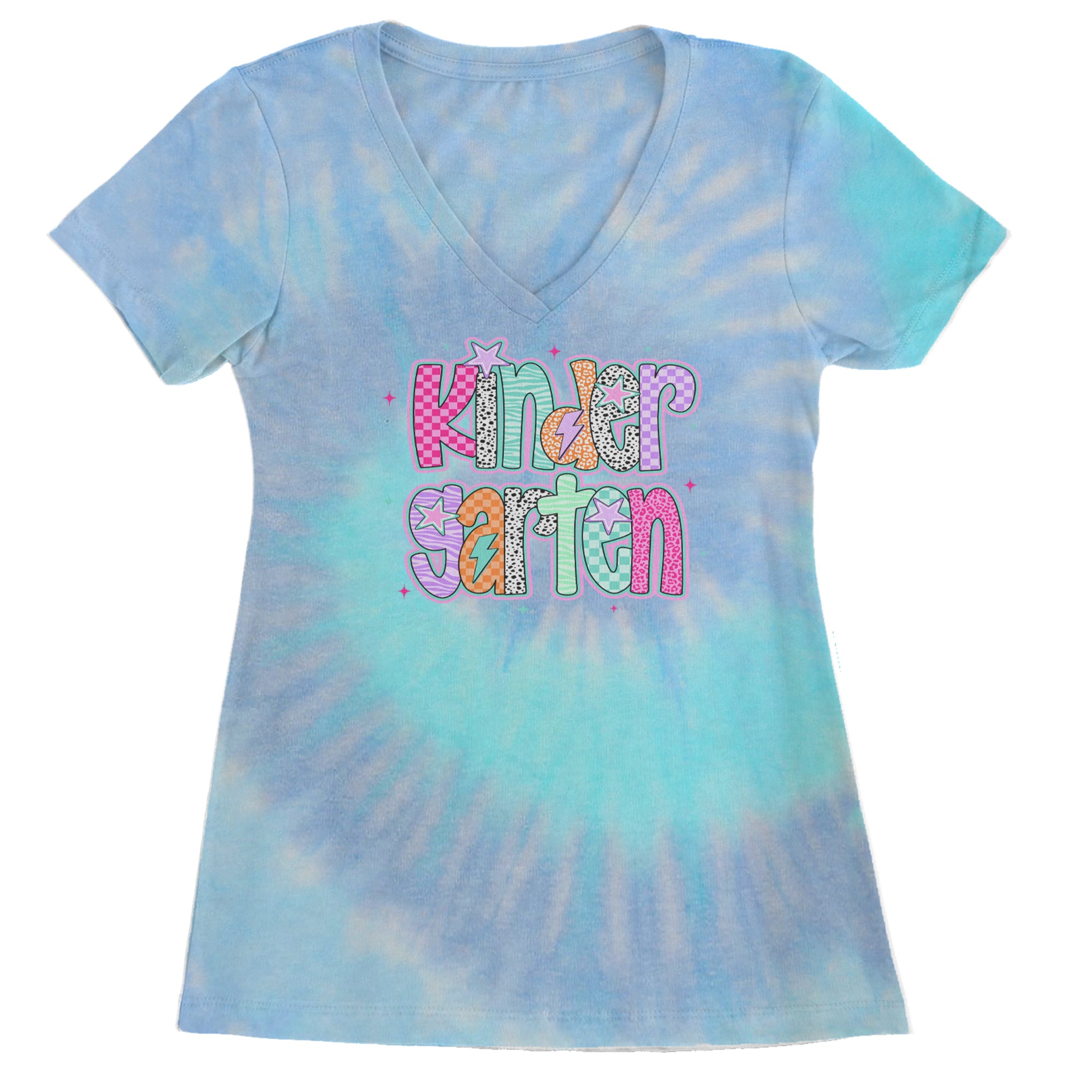 Kindergarten Cutie Colorful Back to School Ladies V-Neck T-shirt Blue Clouds