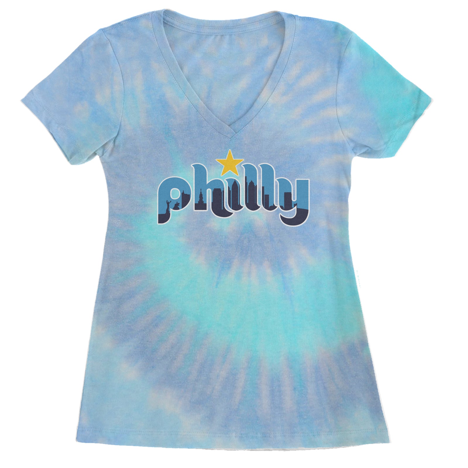Skyline Philly Philadelphia Ladies V-Neck T-shirt Blue Clouds