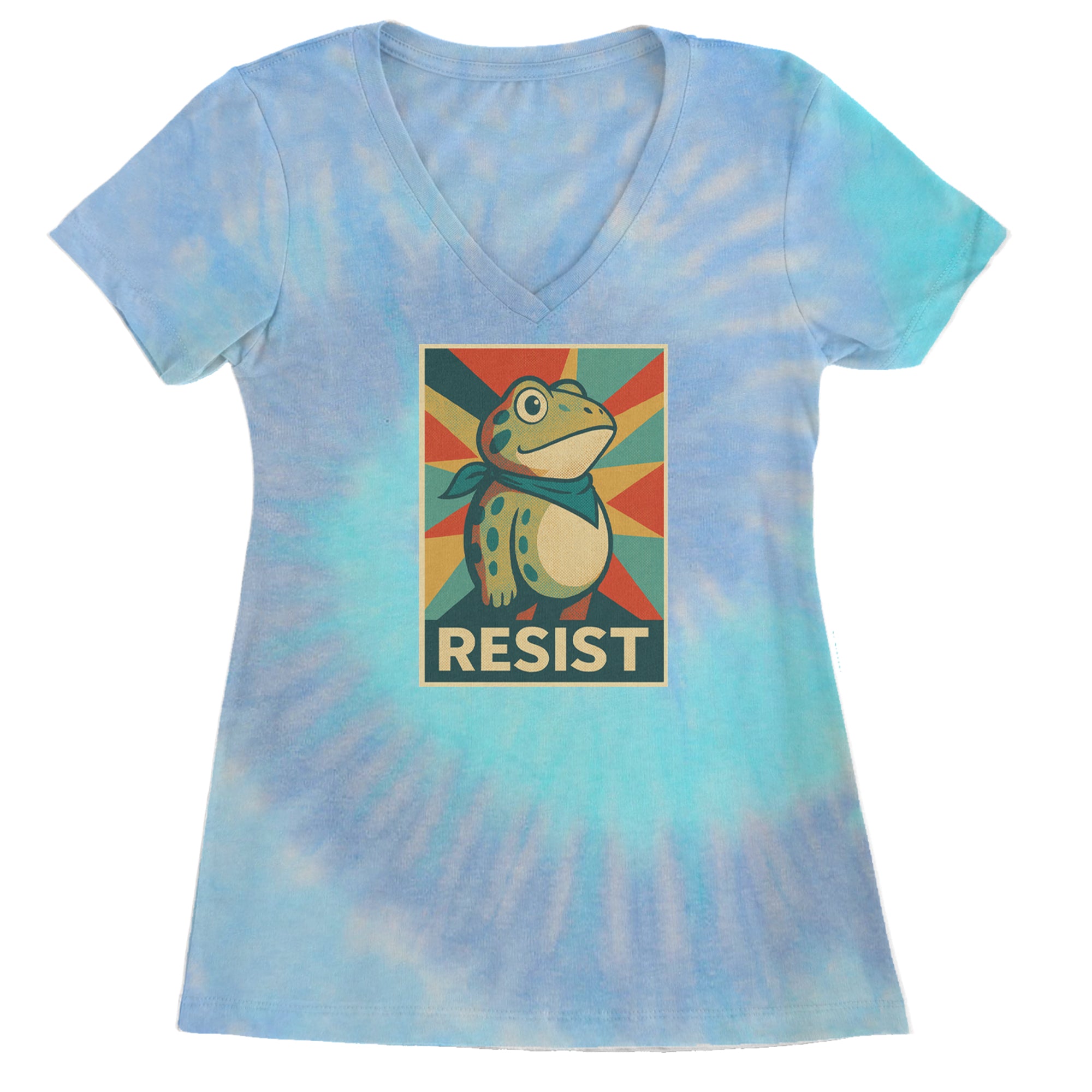 Resist Portland Protest Frog Ladies V-Neck T-shirt Blue Clouds