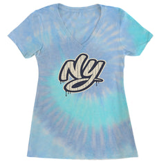 NYC New York City Grunge Street Ladies V-Neck T-shirt Blue Clouds