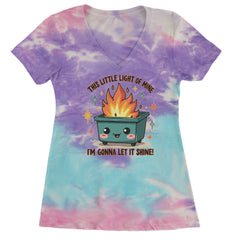 This Little Light of Mine Dumpster Fire Smile Face graphic on Women's Lightweight V-Neck T-Shirt in Cotton Candy
