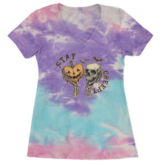 Stay Creepy Skull and Pumpkin Halloween Ladies V-Neck T-shirt Cotton Candy
