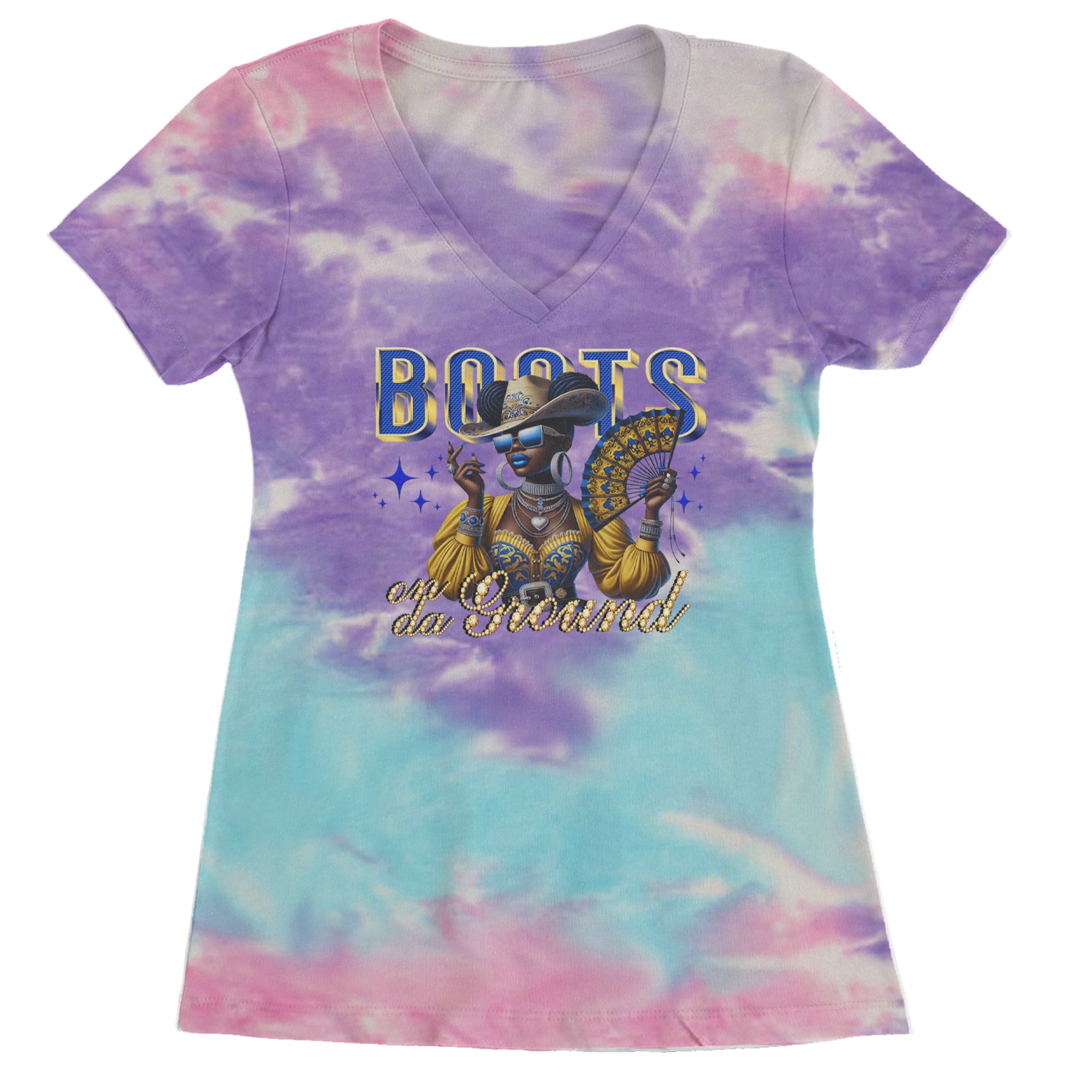 Boots On Da Ground Folding Fan Ladies V-Neck T-shirt Cotton Candy