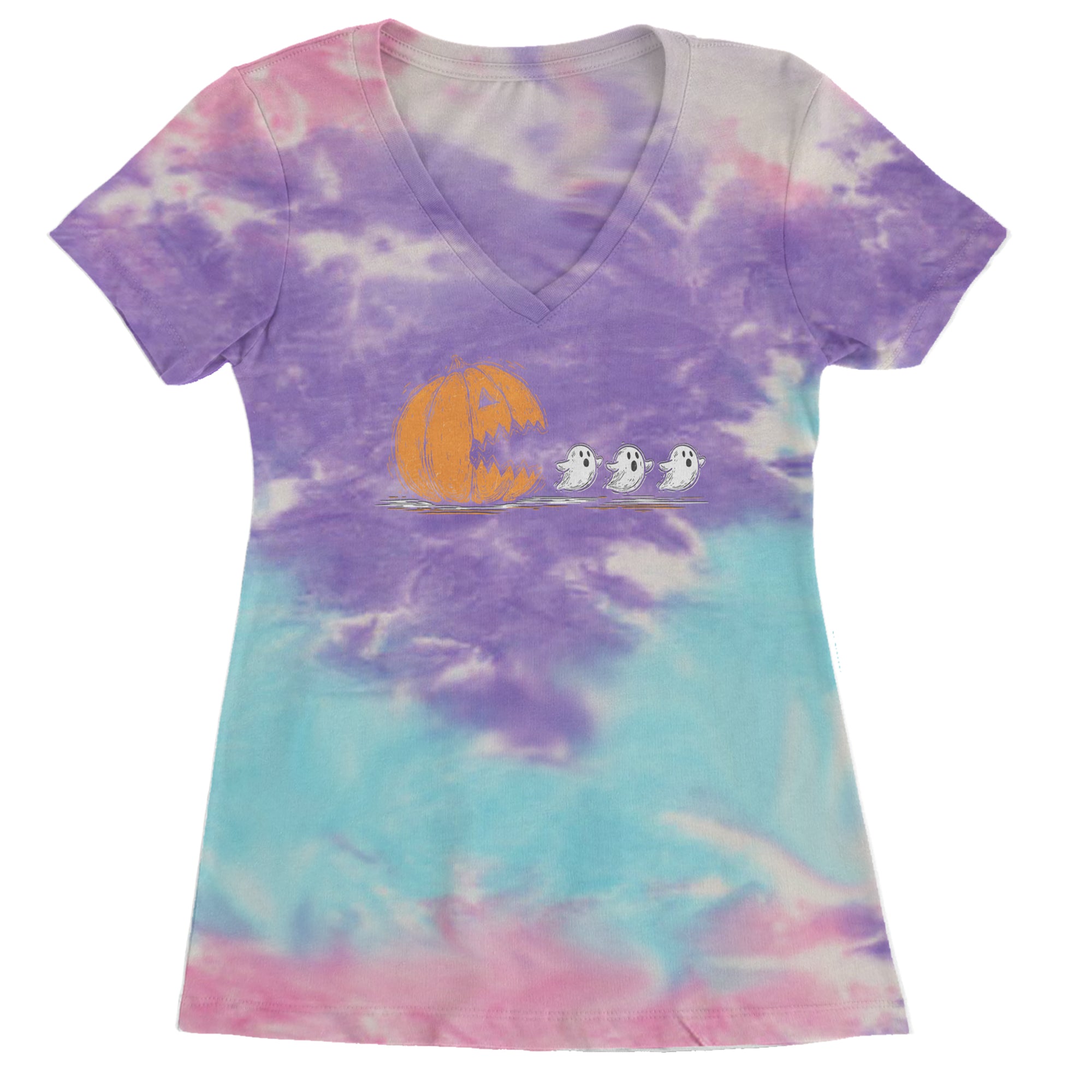 Pumpkin Pacman Chasing Ghosts Halloween Ladies V-Neck T-shirt Cotton Candy
