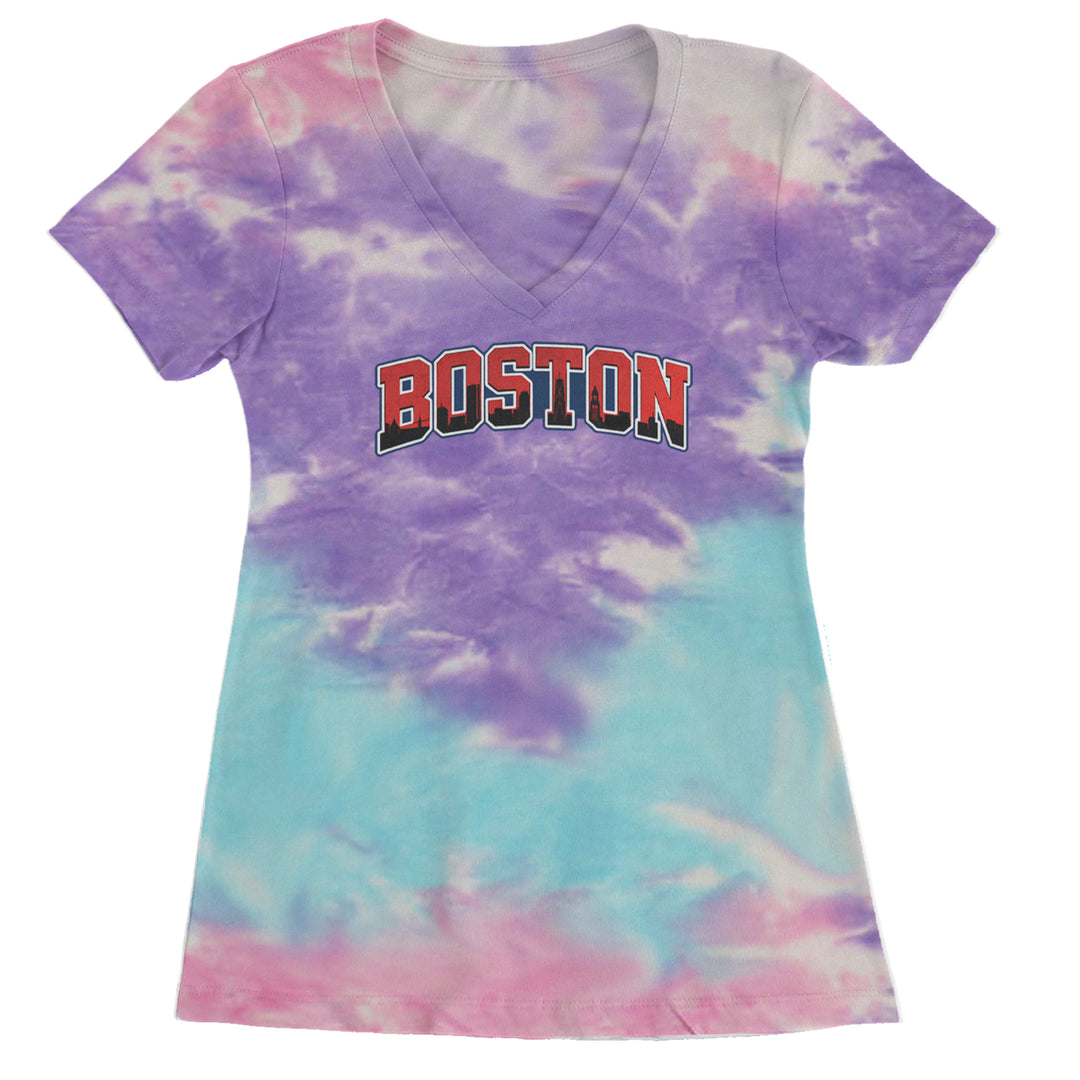 Boston City Pride Skyline Ladies V-Neck T-shirt Cotton Candy