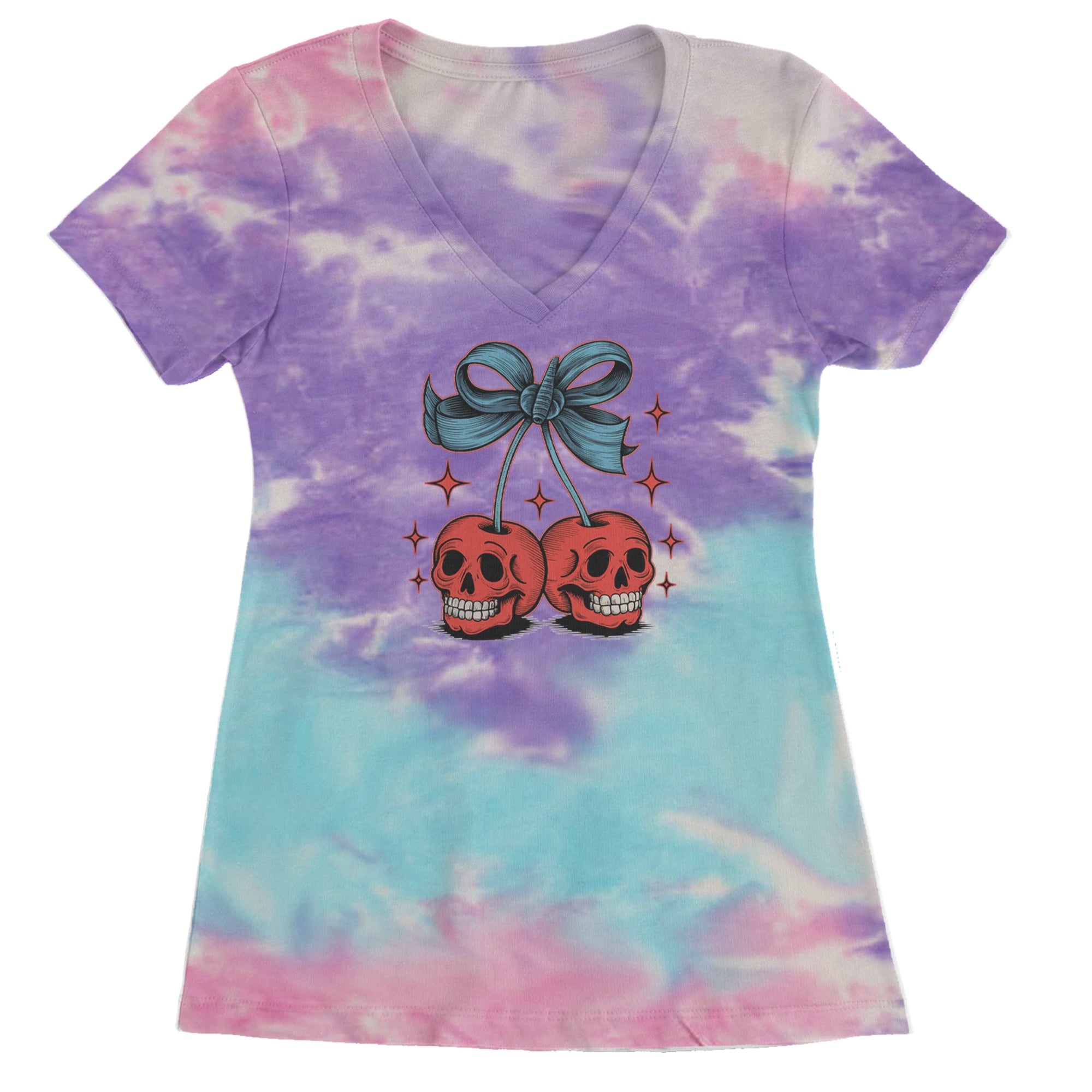 Cherry Skulls Retro Tattoo Ladies V-Neck T-shirt Cotton Candy