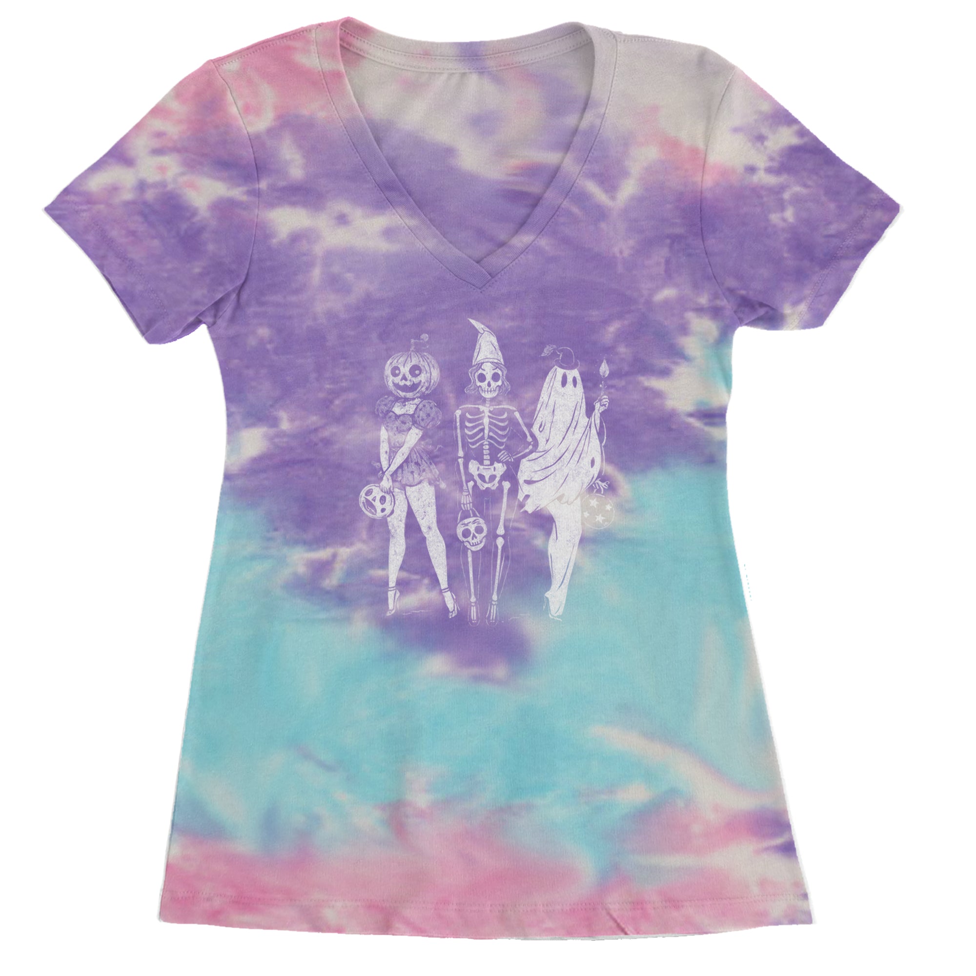 Vintage Spooky Squad Pinup Halloween Design Ladies V-Neck T-shirt Cotton Candy