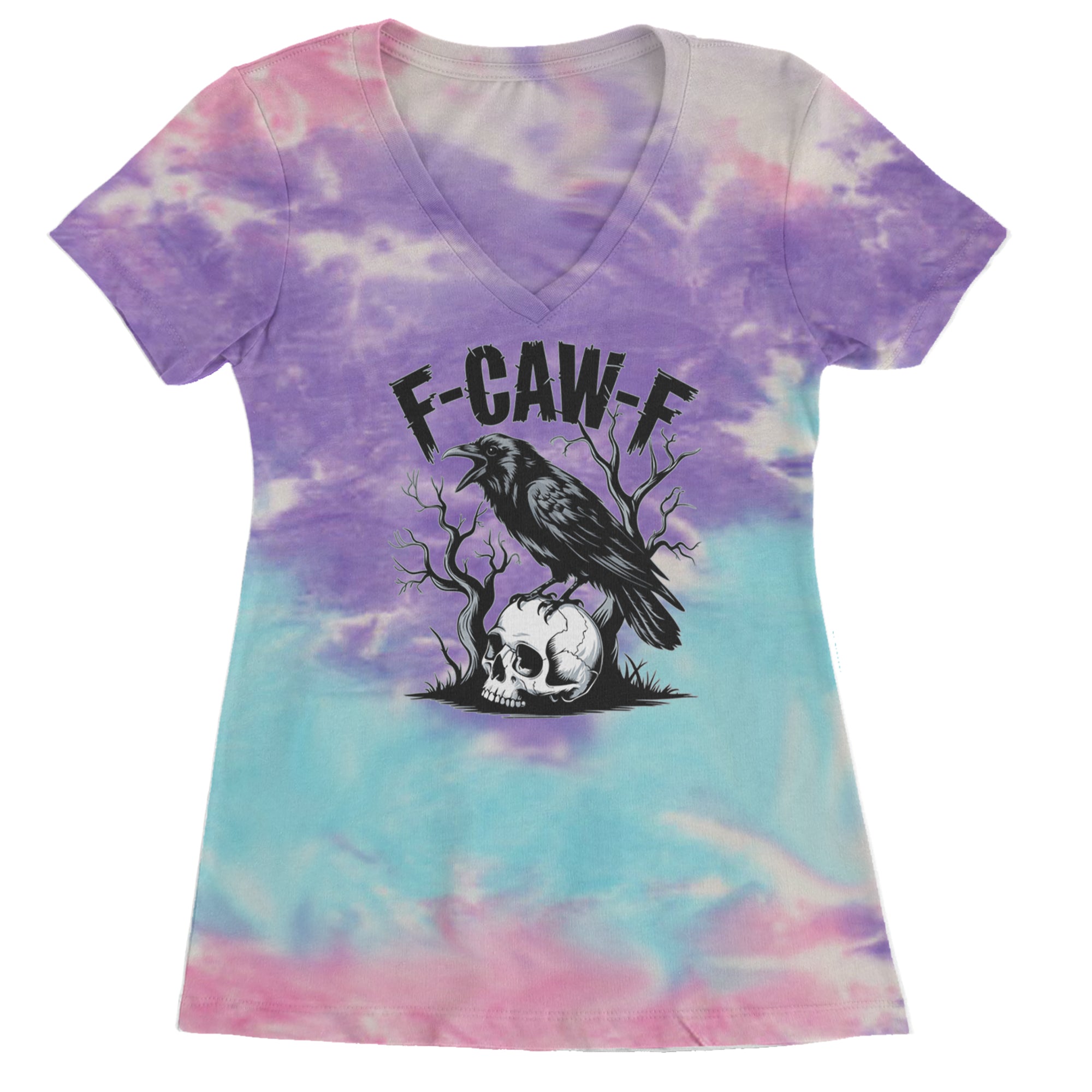 F-Caw-F Crow On Skull F-ck Off Gothic Ladies V-Neck T-shirt Cotton Candy