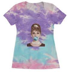 Audrey Hepburn Chewing Bubble Gum American Icon Ladies V-Neck T-shirt Cotton Candy