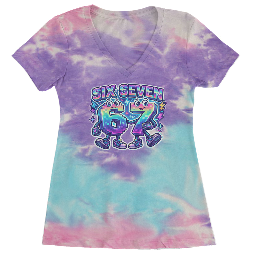 Six Seven 67 Retro Pixel Buddies Ladies V-Neck T-shirt Cotton Candy