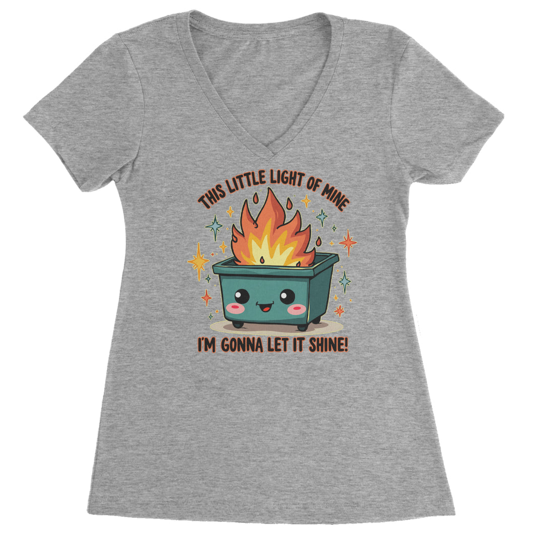 This Little Light of Mine Dumpster Fire Smile Face graphic on Women's Lightweight V-Neck T-Shirt in Heather Grey
