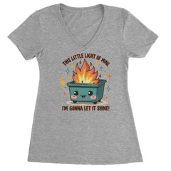 This Little Light of Mine Dumpster Fire Smile Face graphic on Women's Lightweight V-Neck T-Shirt in Heather Grey