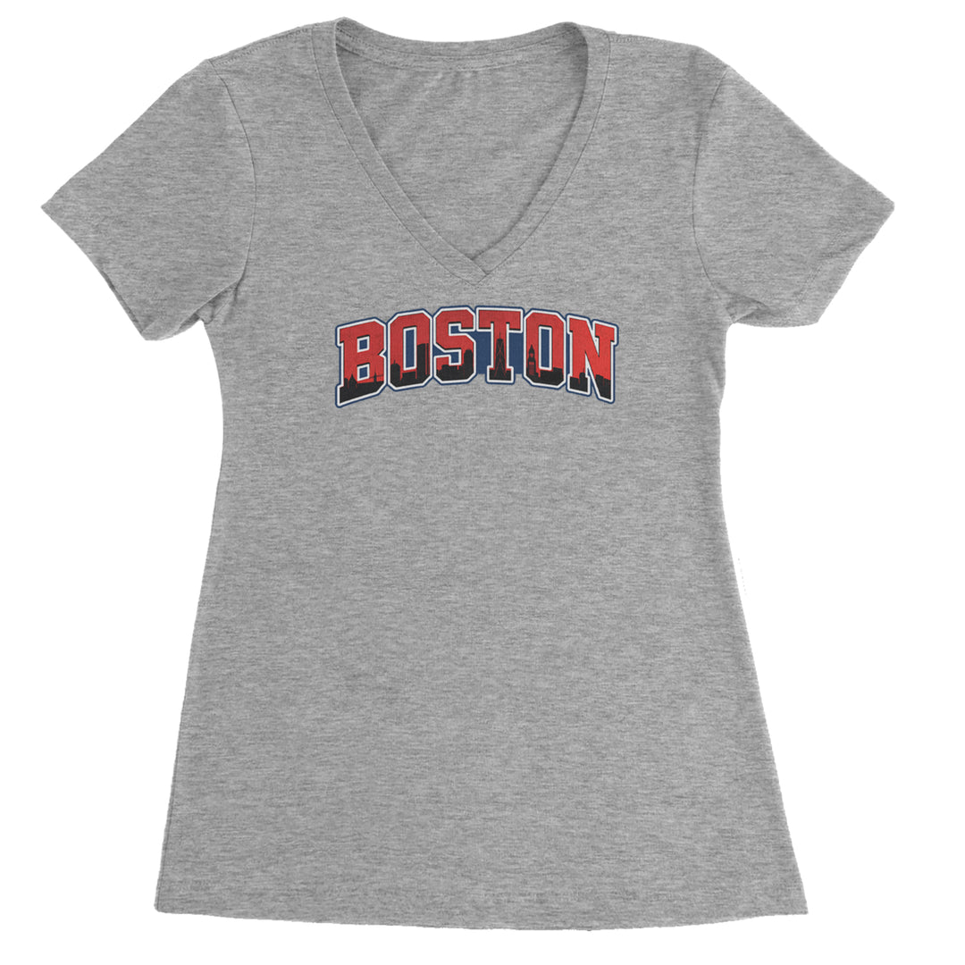 Boston City Pride Skyline Ladies V-Neck T-shirt Heather Grey