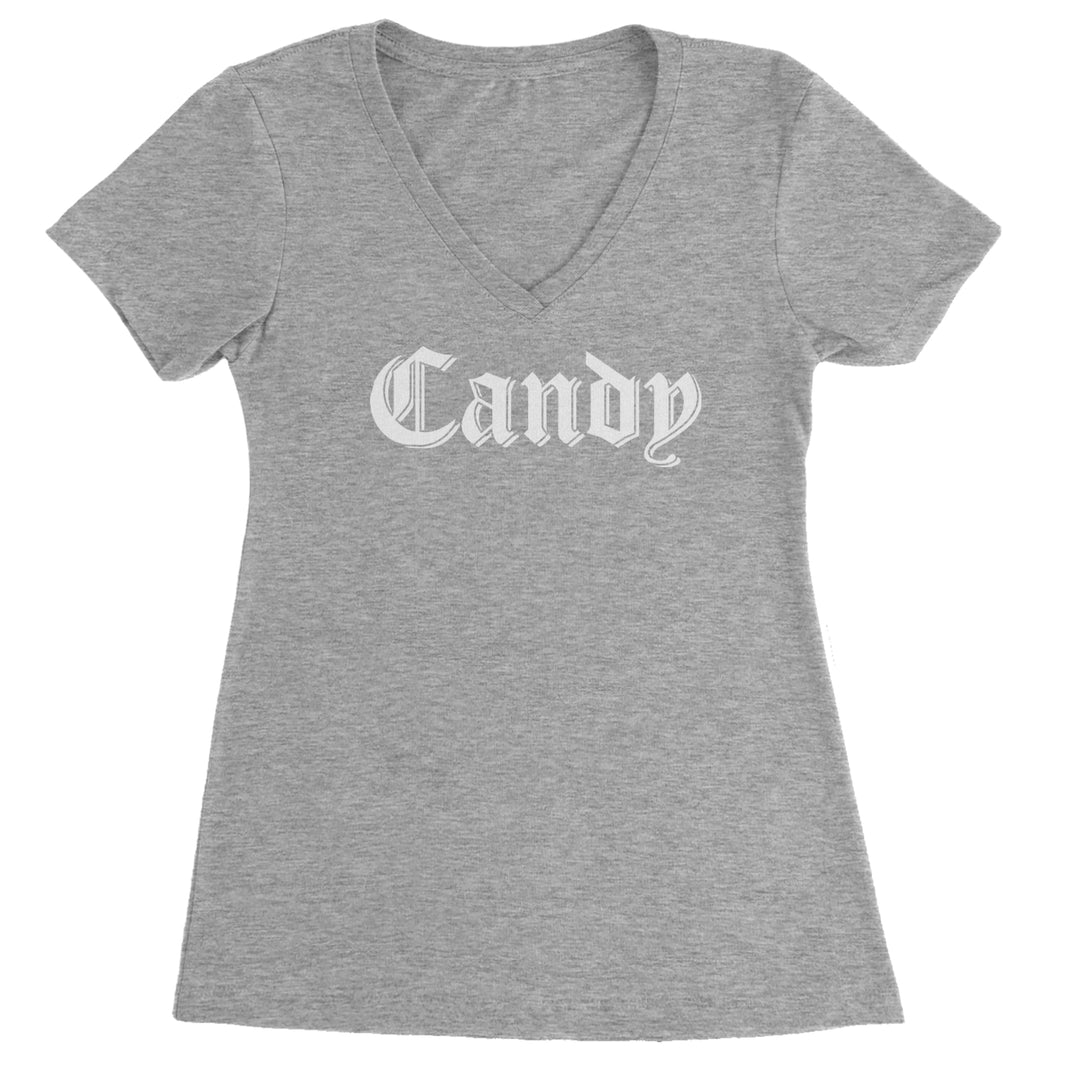 Candy Gothic Lettering Ladies V-Neck T-shirt Heather Grey