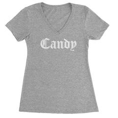 Candy Gothic Lettering Ladies V-Neck T-shirt Heather Grey