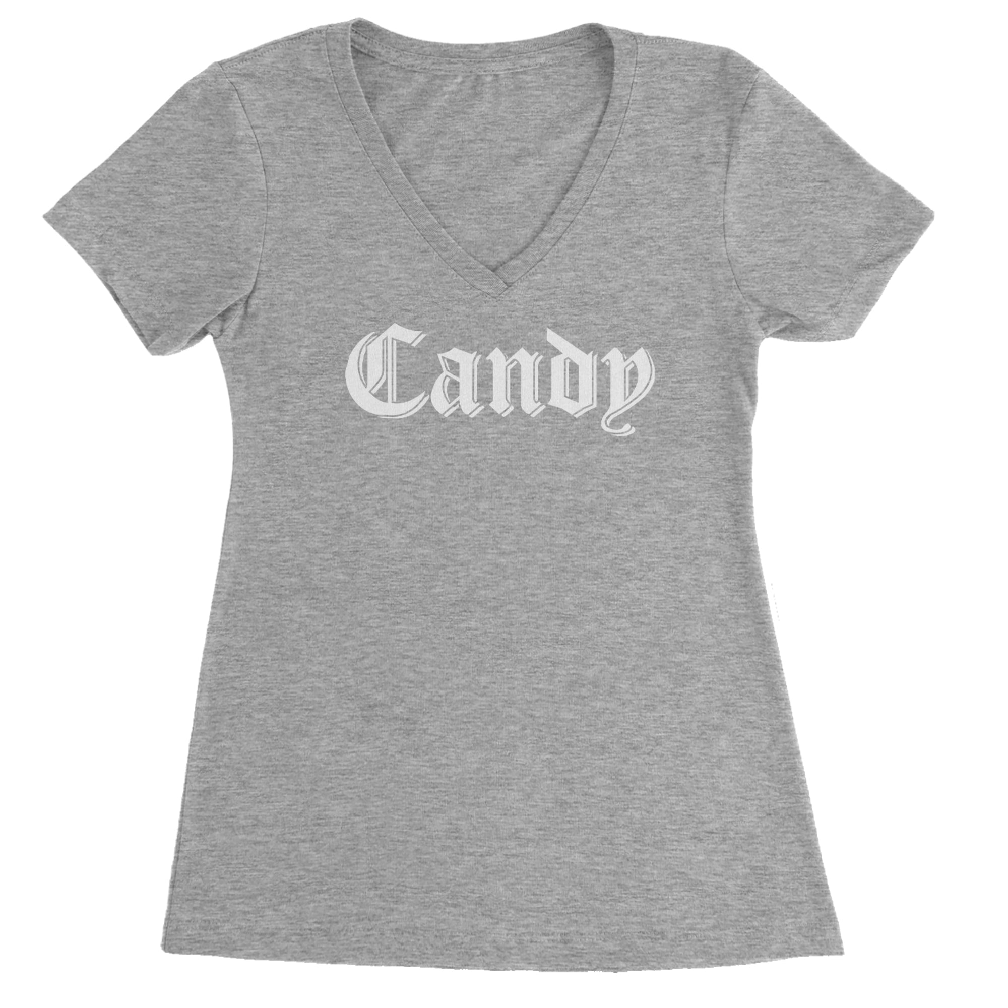 Candy Gothic Lettering Ladies V-Neck T-shirt Heather Grey