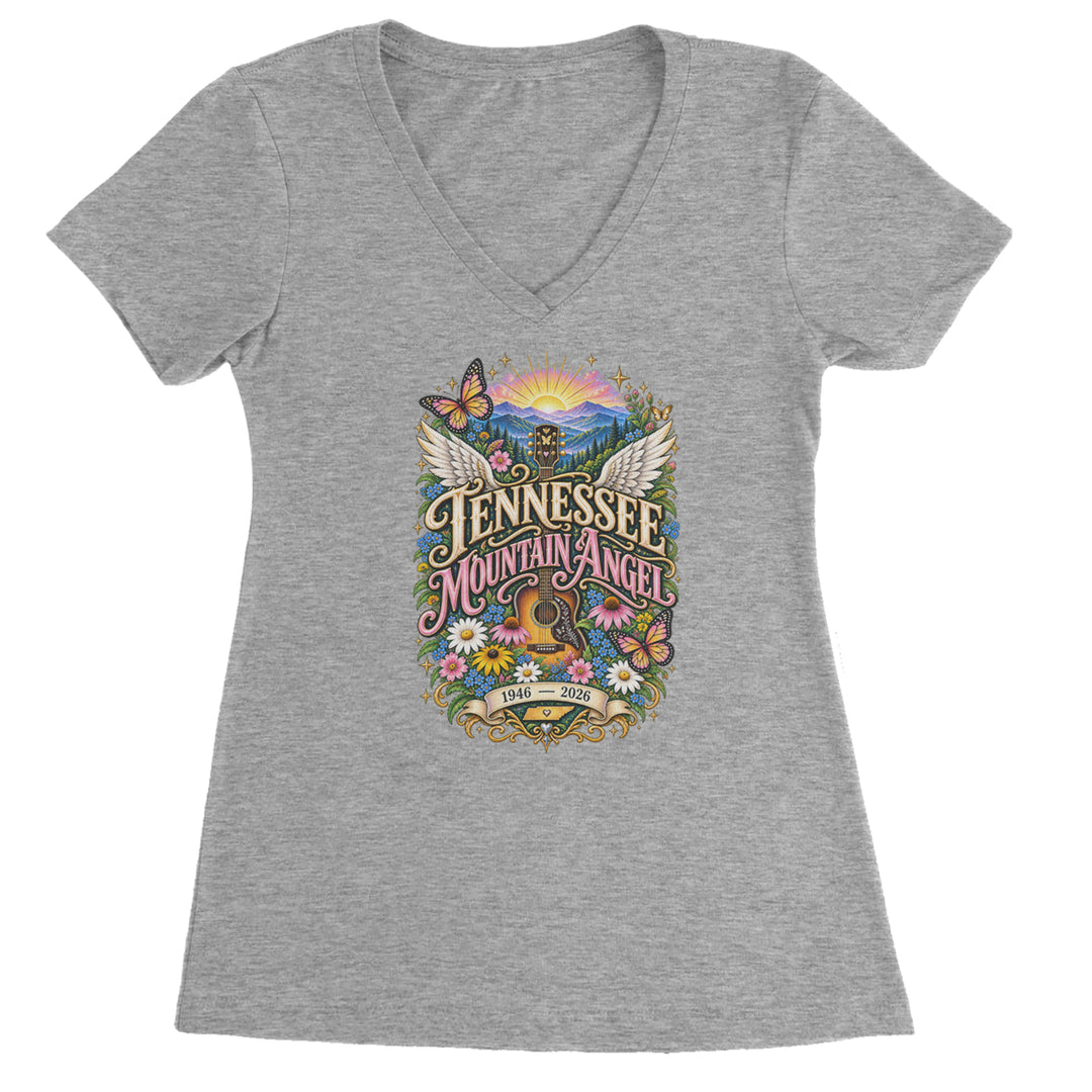 Tennessee Mountain Angel Wings Dolly Ladies V-Neck T-shirt Heather Grey