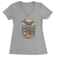 Tennessee Mountain Angel Wings Dolly Ladies V-Neck T-shirt Heather Grey