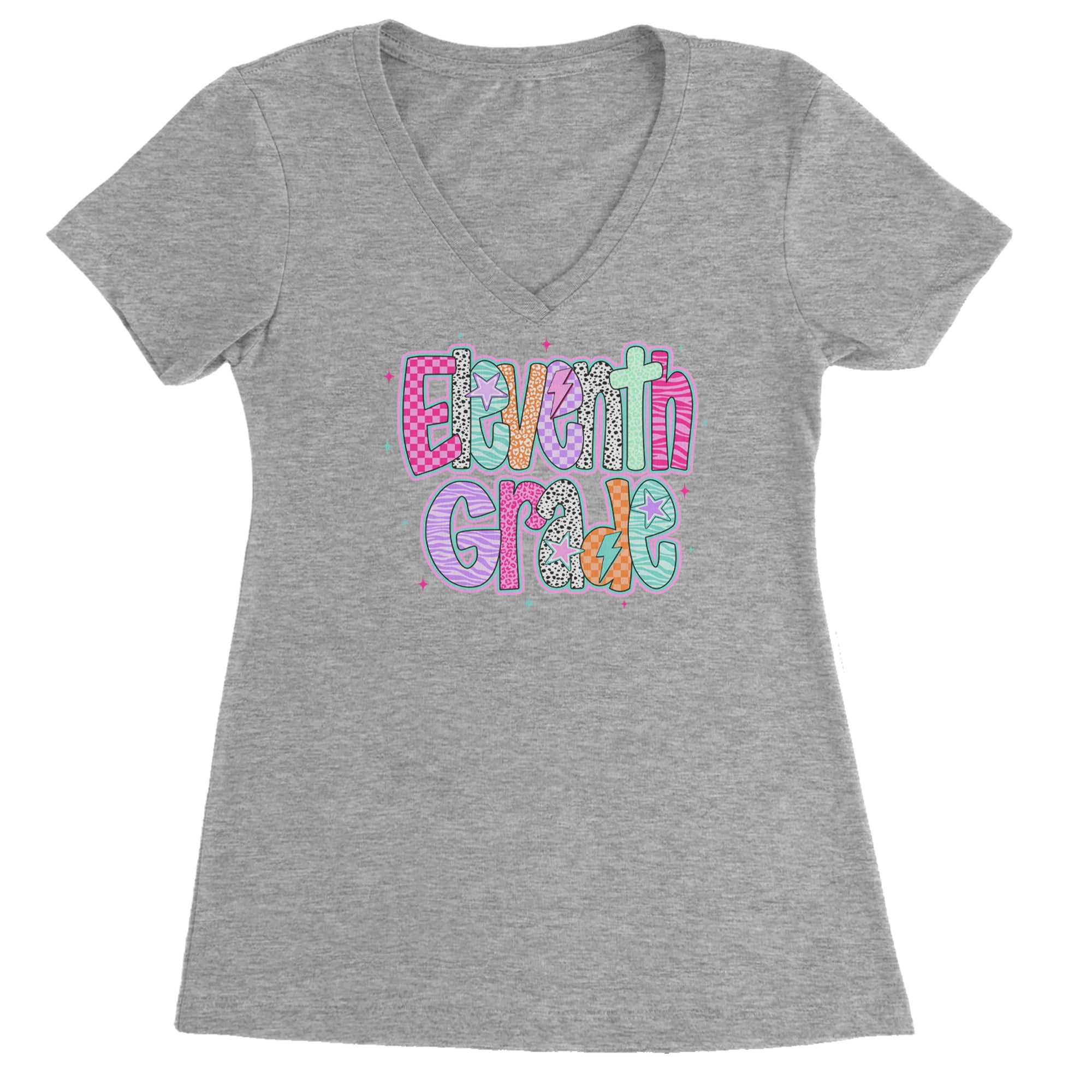 Eleventh Grade Extra Colorful Back to School Ladies V-Neck T-shirt Heather Grey