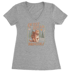 Quest Squad Broccoli Cat Fantasy Reader graphic on Women's Lightweight V-Neck T-Shirt in Heather Grey