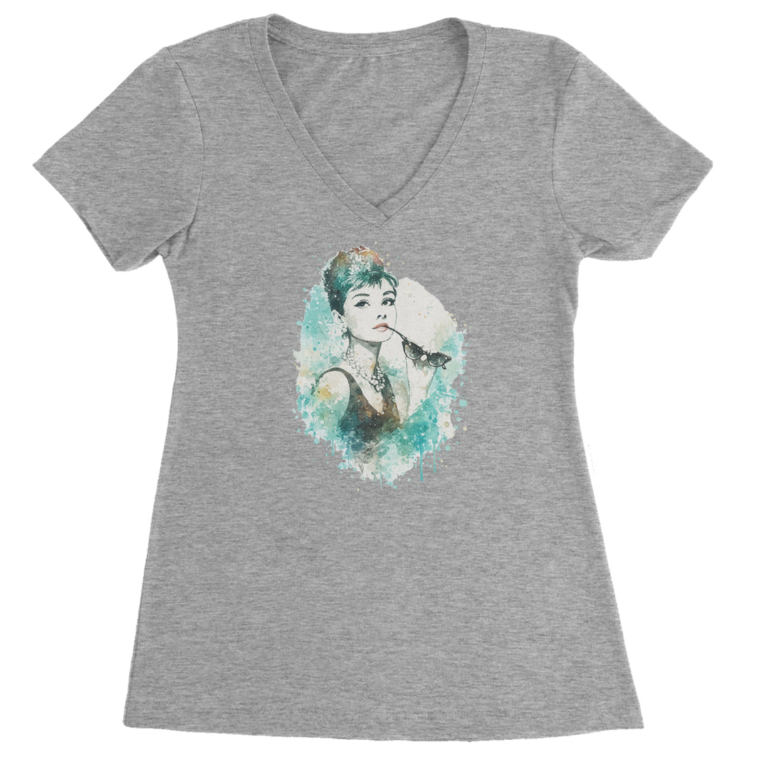 Mrs. Herpburn Iconic Watercolors Ladies V-Neck T-shirt Heather Grey