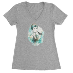 Mrs. Herpburn Iconic Watercolors Ladies V-Neck T-shirt Heather Grey