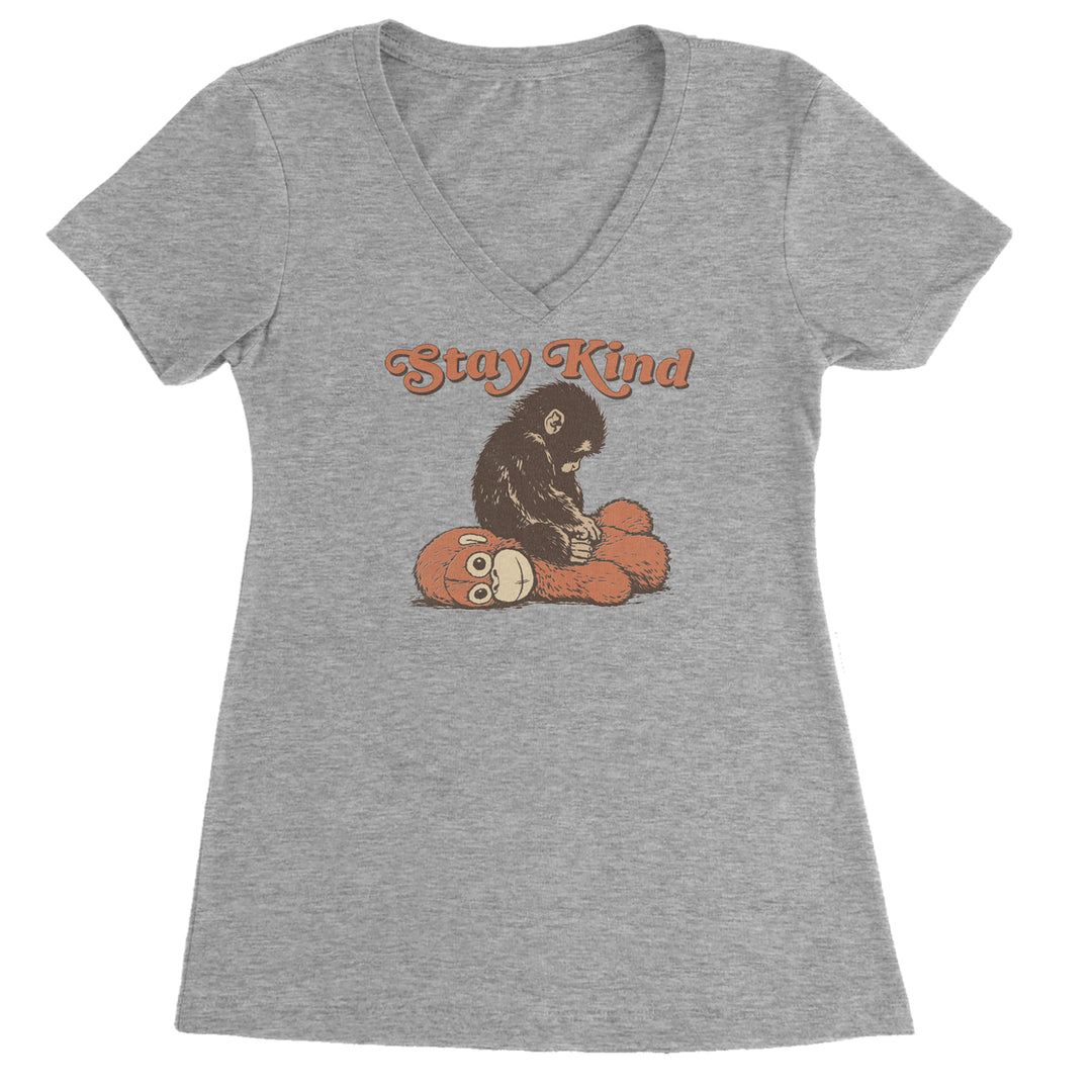 Punch Stay Kind Macaque Ladies V-Neck T-shirt Heather Grey