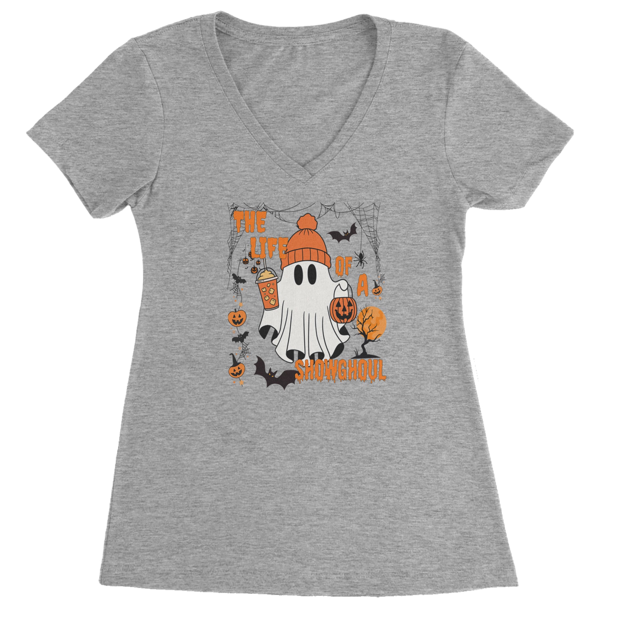 Life of a Showghoul Halloween Showgirl Vibes Ladies V-Neck T-shirt Heather Grey