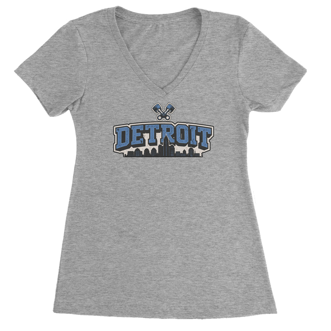 Detroit Motor City Retro Piston Ladies V-Neck T-shirt Heather Grey