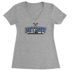 Detroit Motor City Retro Piston Ladies V-Neck T-shirt Heather Grey