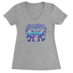 Six Seven 67 Retro Pixel Buddies Ladies V-Neck T-shirt Heather Grey