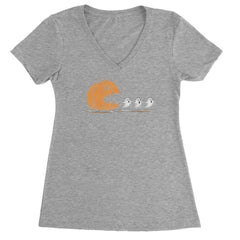 Pumpkin Pacman Chasing Ghosts Halloween Ladies V-Neck T-shirt Heather Grey