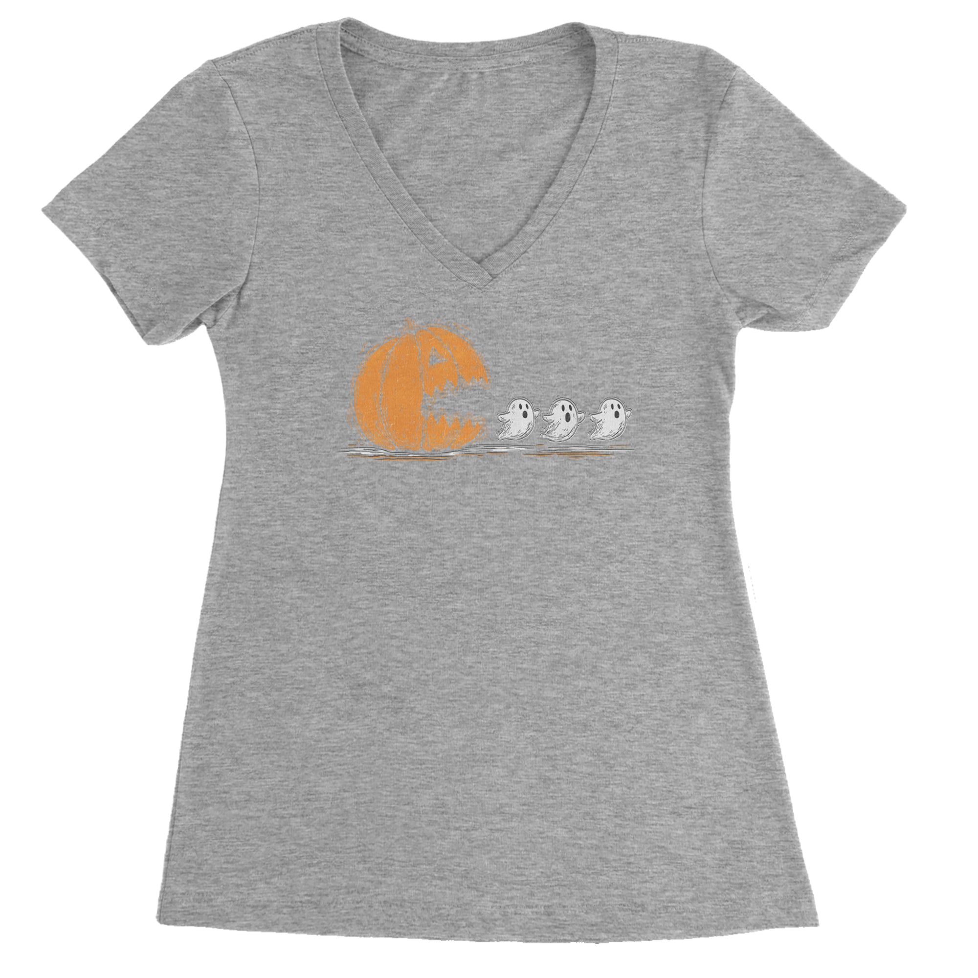 Pumpkin Pacman Chasing Ghosts Halloween Ladies V-Neck T-shirt Heather Grey