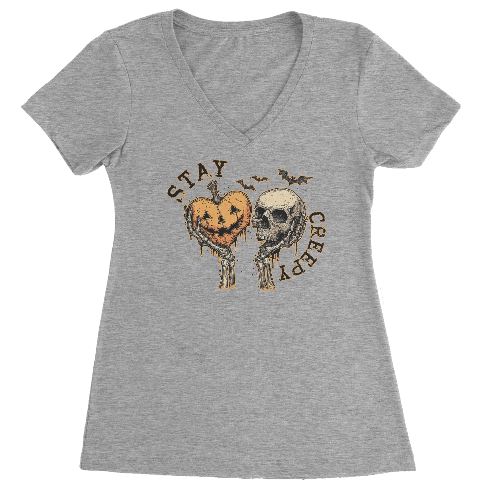Stay Creepy Skull and Pumpkin Halloween Ladies V-Neck T-shirt Heather Grey