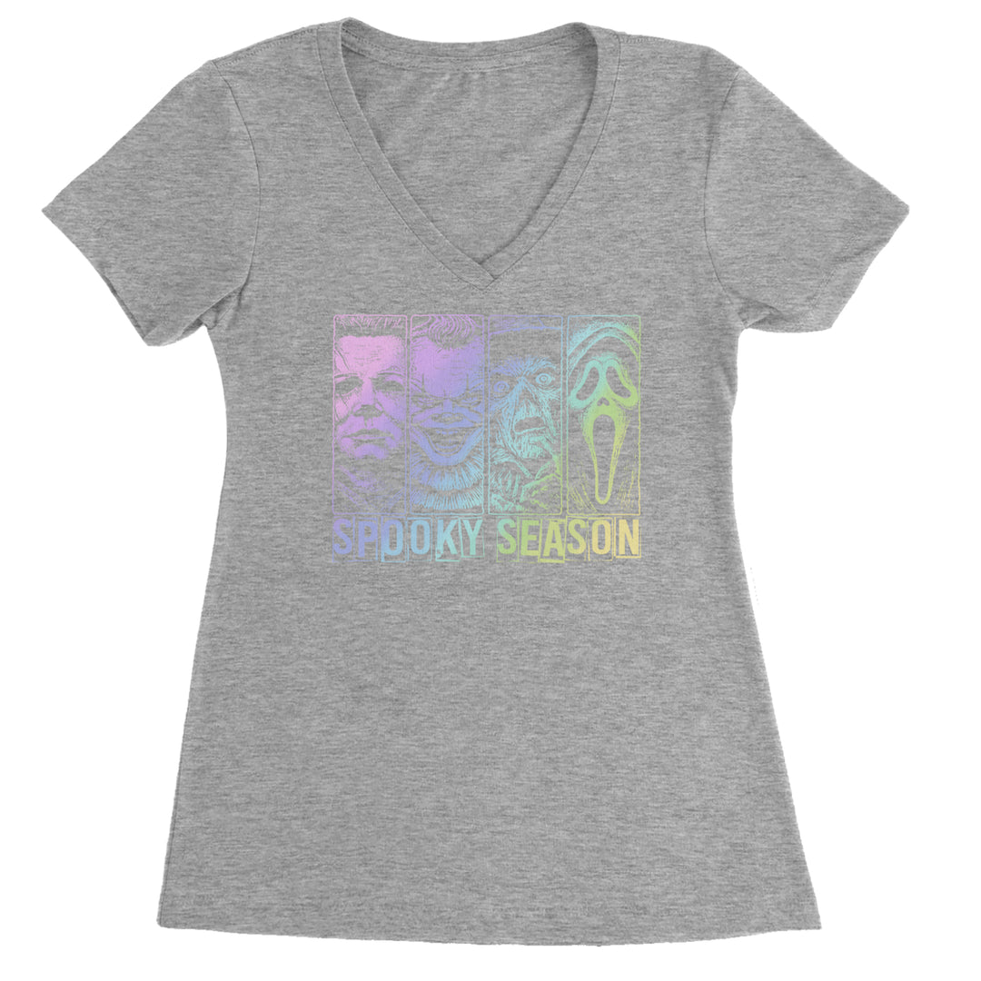 Spooky Season Horror Icons Halloween Ladies V-Neck T-shirt Heather Grey