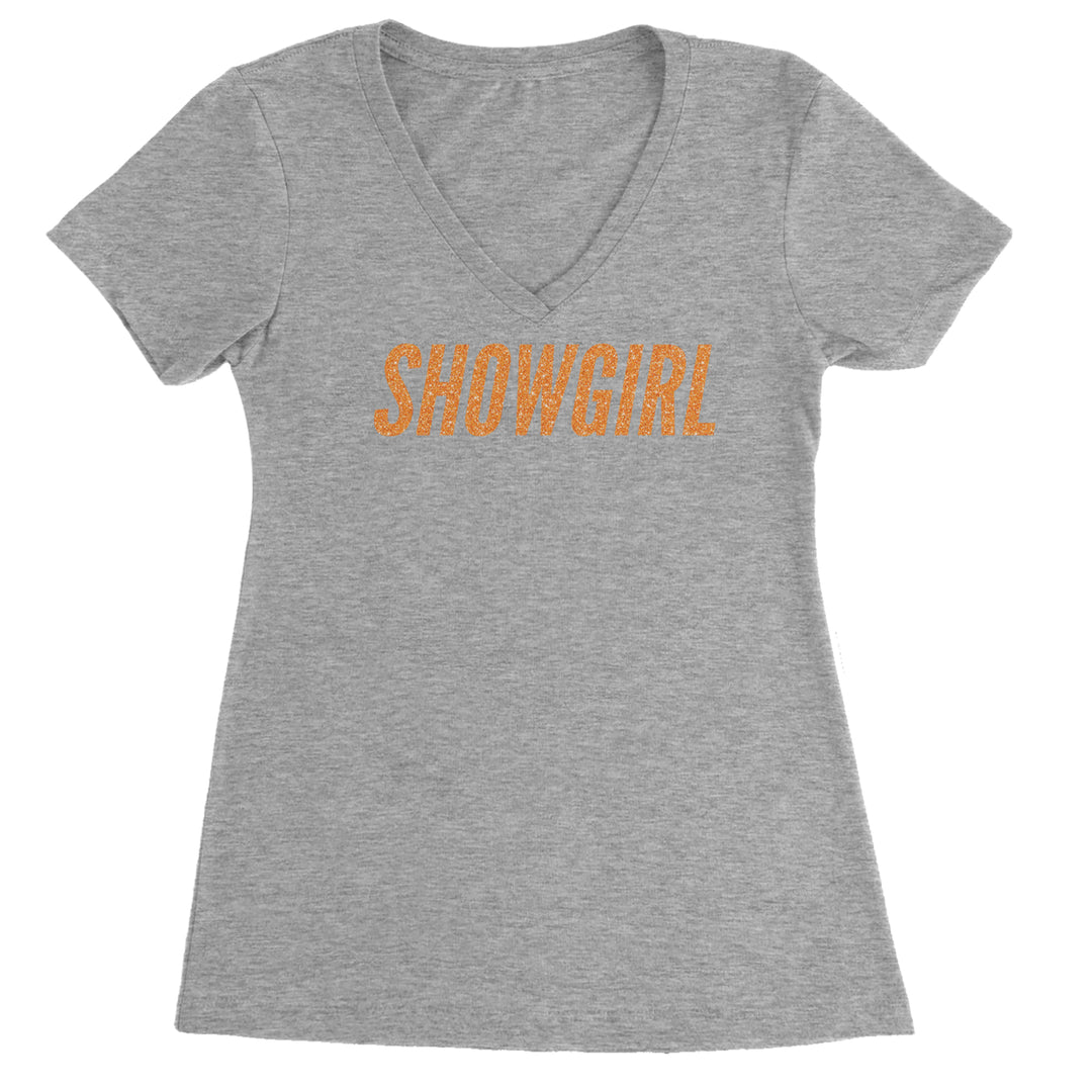 Showgirl Orange Glitter Ladies V-Neck T-shirt Heather Grey
