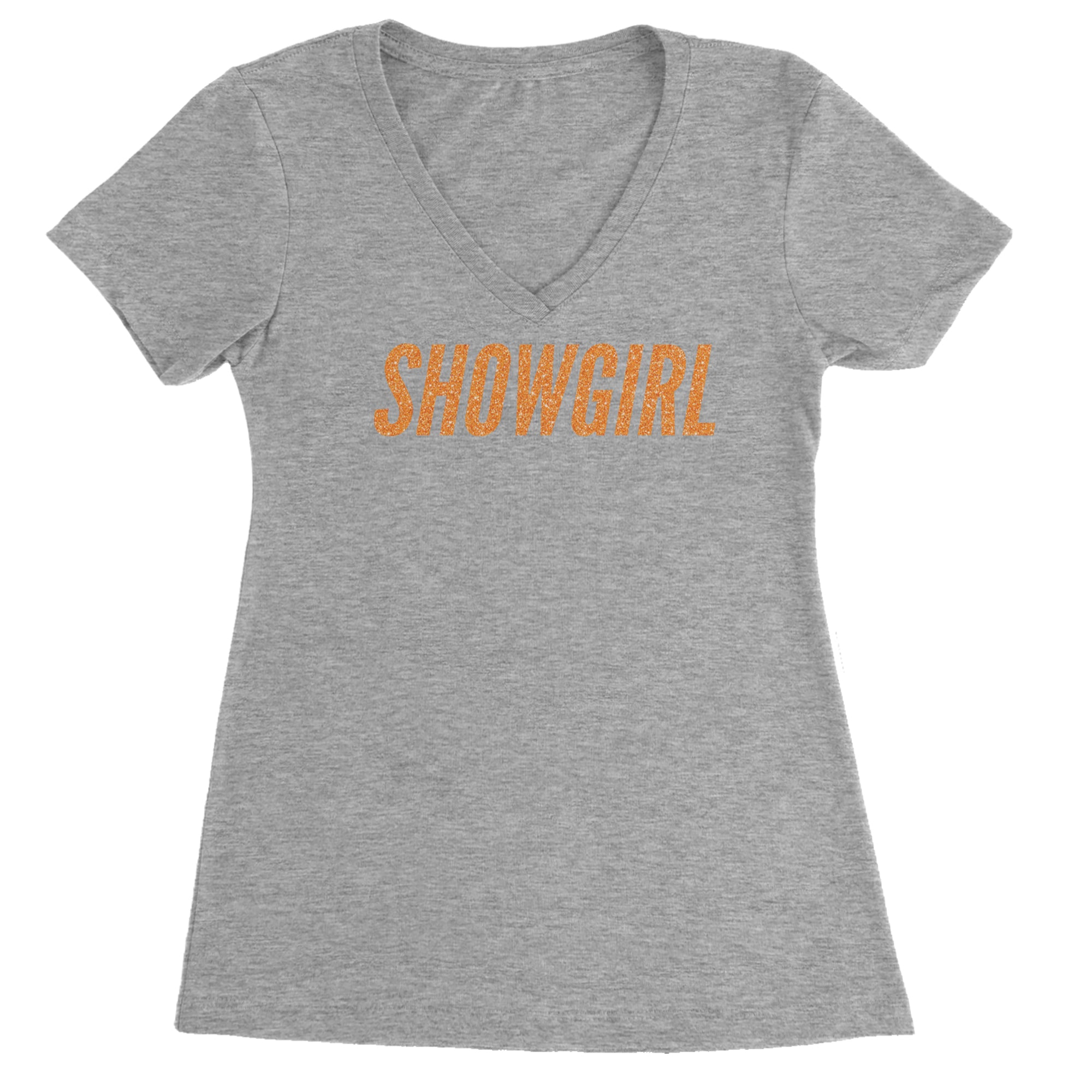 Showgirl Orange Glitter Ladies V-Neck T-shirt Heather Grey