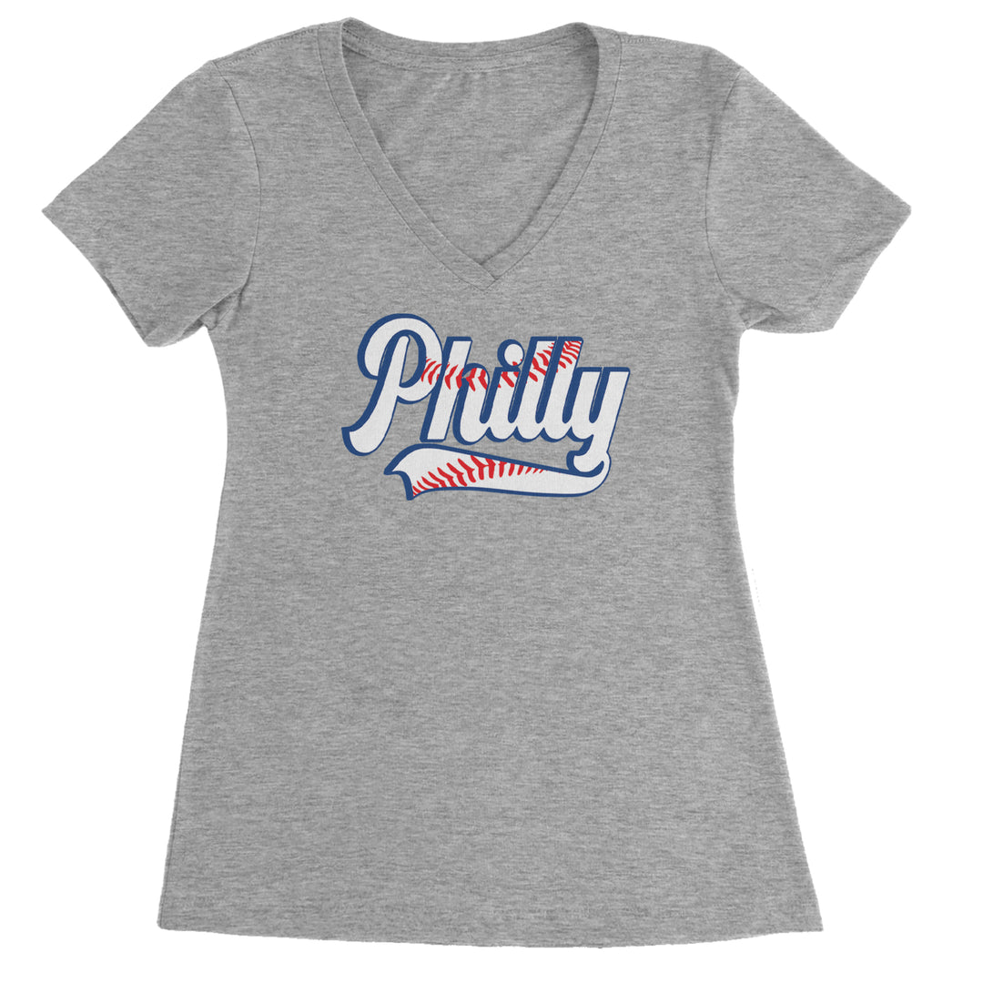 Philly Baseball Stitching graphic on Women's Lightweight V-Neck T-Shirt in Heather Grey