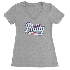 Philly Baseball Stitching graphic on Women's Lightweight V-Neck T-Shirt in Heather Grey