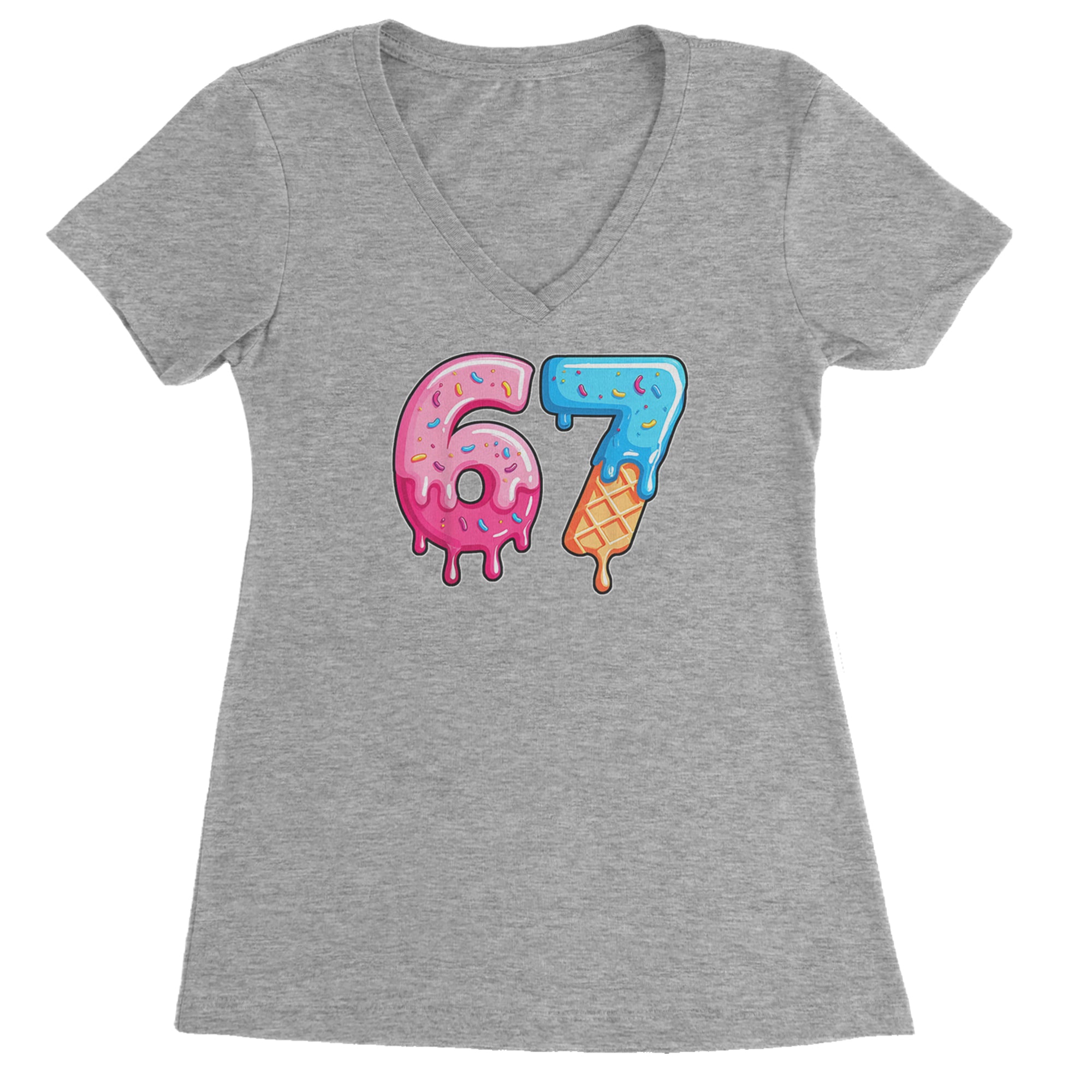 67 Dripping Ice Cream Donut Melt Ladies V-Neck T-shirt Heather Grey