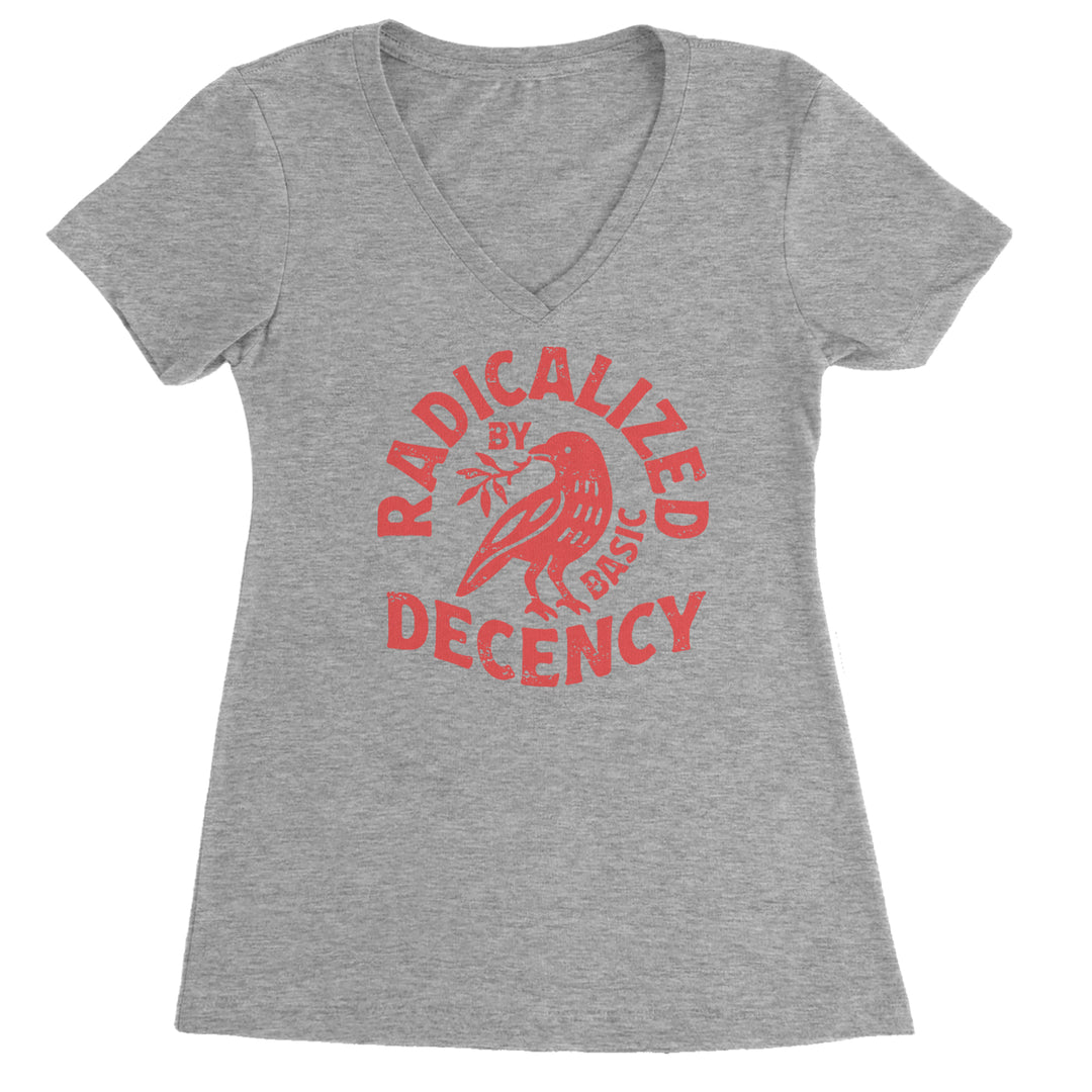 Radicalized by Basic Decency Dove Protest Statement Ladies V-Neck T-shirt Heather Grey