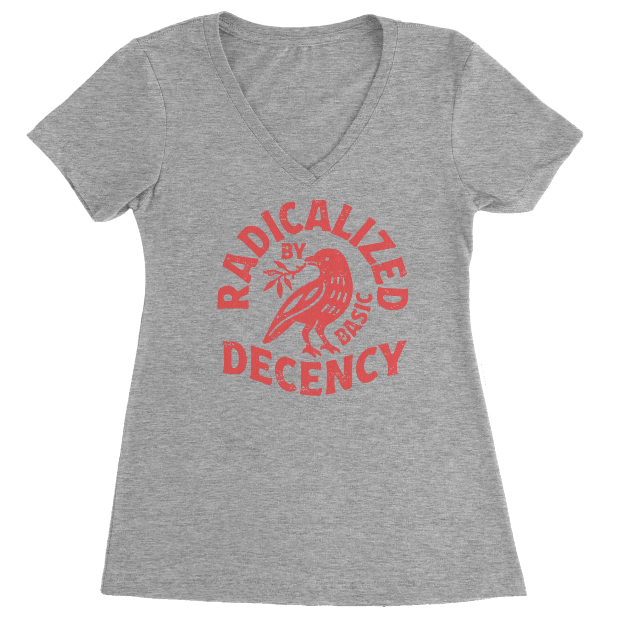 Radicalized by Basic Decency Dove Protest Statement Ladies V-Neck T-shirt Heather Grey