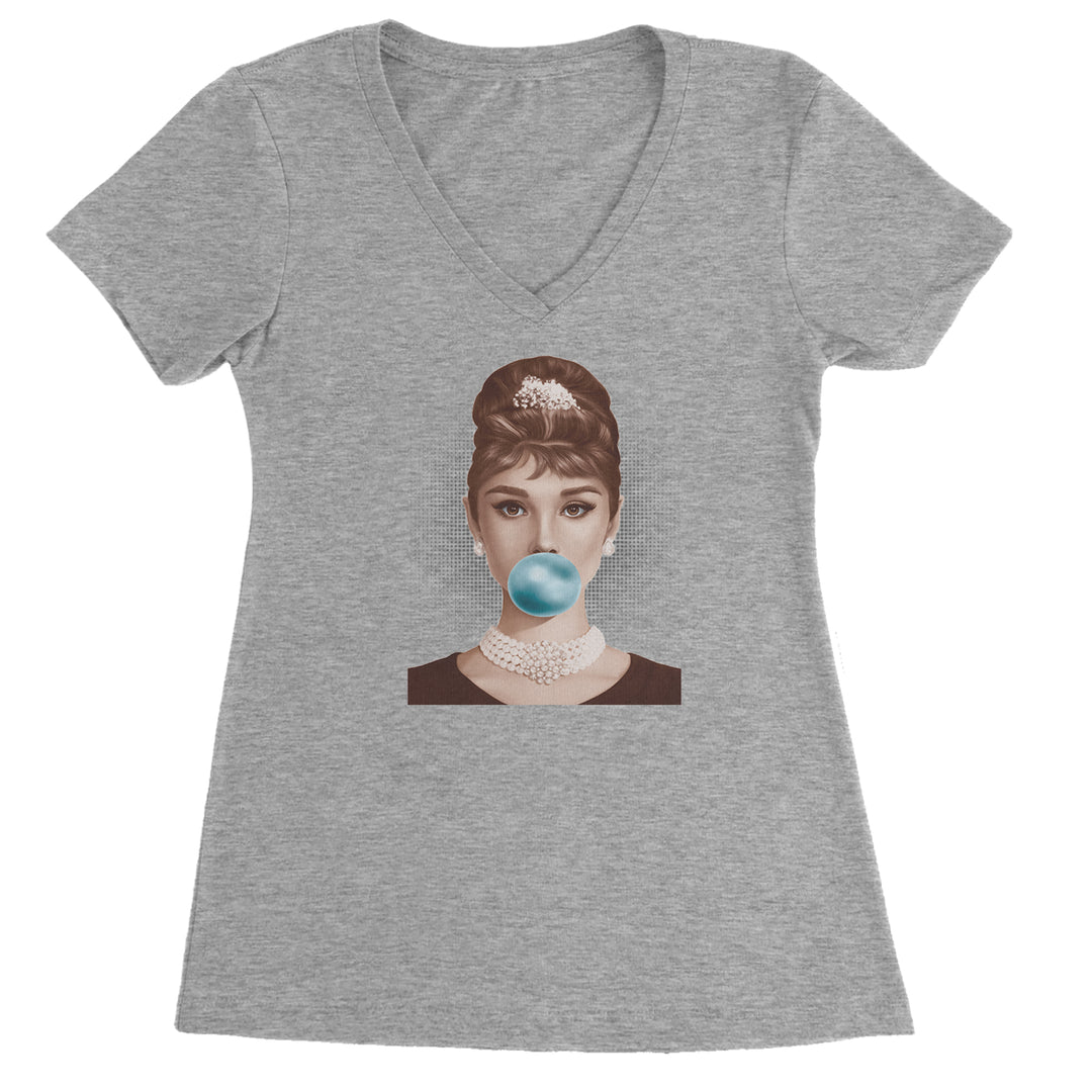 Audrey Hepburn Chewing Bubble Gum American Icon Ladies V-Neck T-shirt Heather Grey