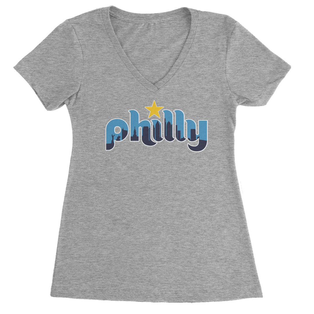 Skyline Philly Philadelphia Ladies V-Neck T-shirt Heather Grey