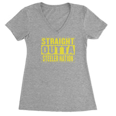 Straight Outta Steeler Nation Football  Ladies V-Neck T-shirt Heather Grey