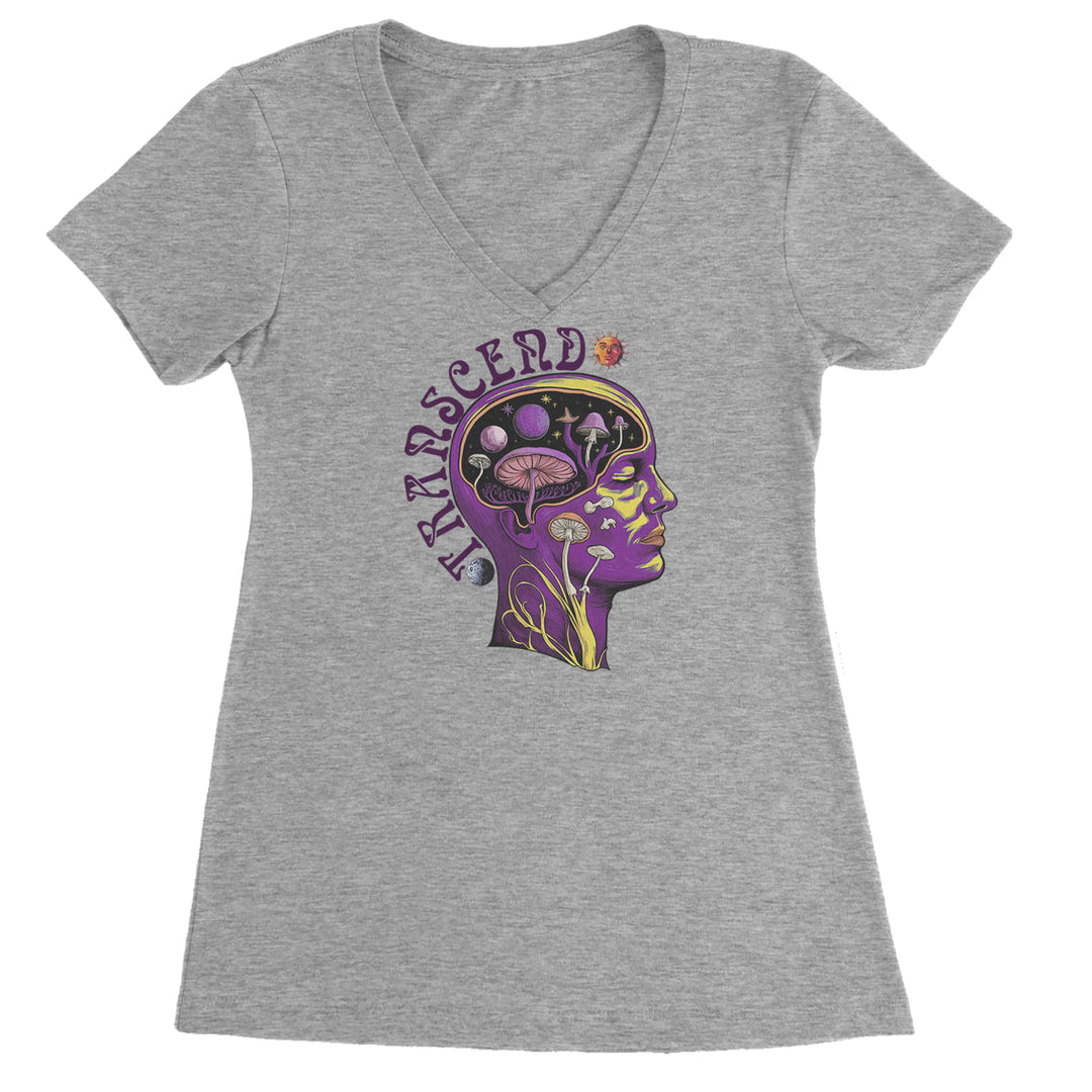 Psychedelic Cosmic Mushroom Head Ladies V-Neck T-shirt Heather Grey
