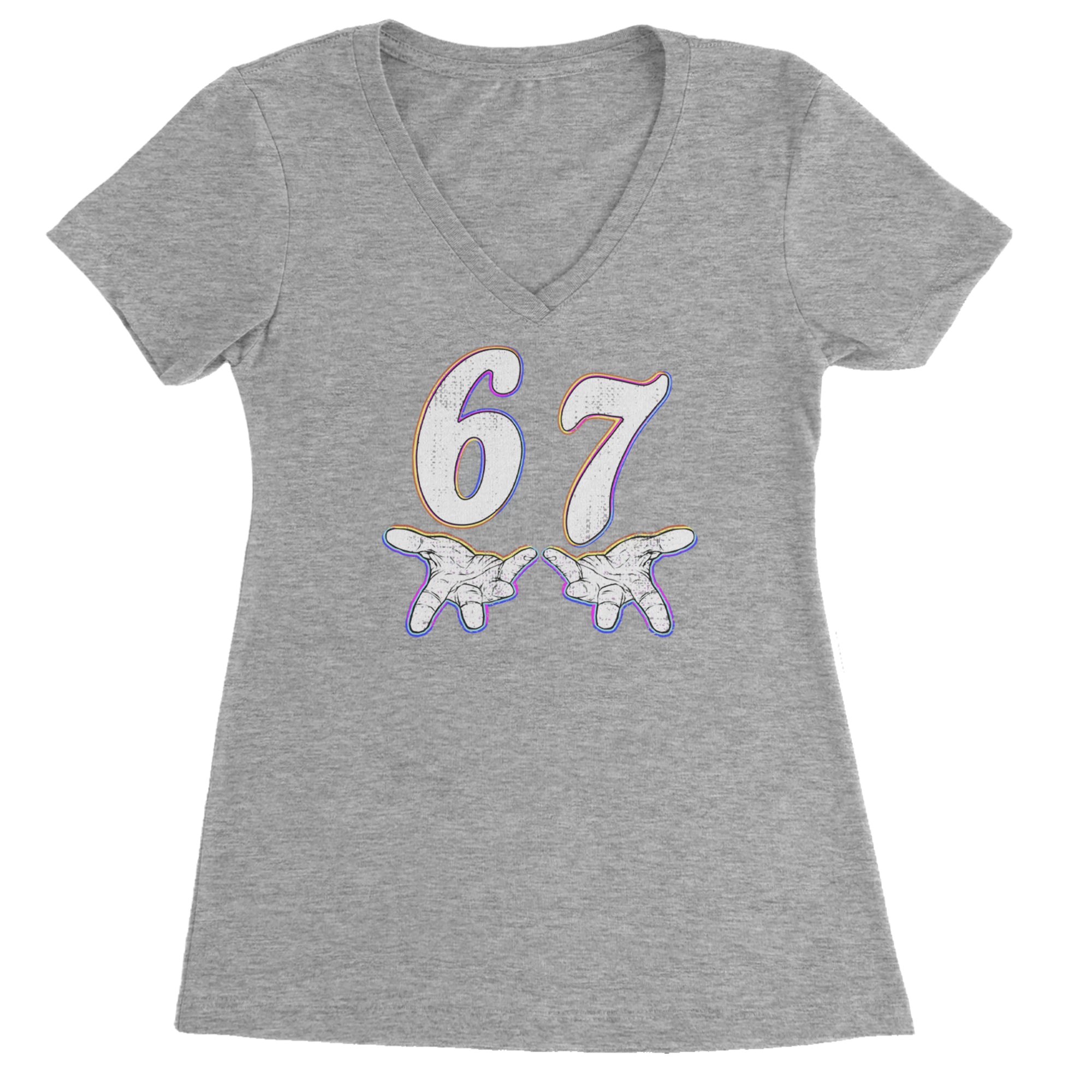 67 Hands Meme Viral Drill Ladies V-Neck T-shirt Heather Grey