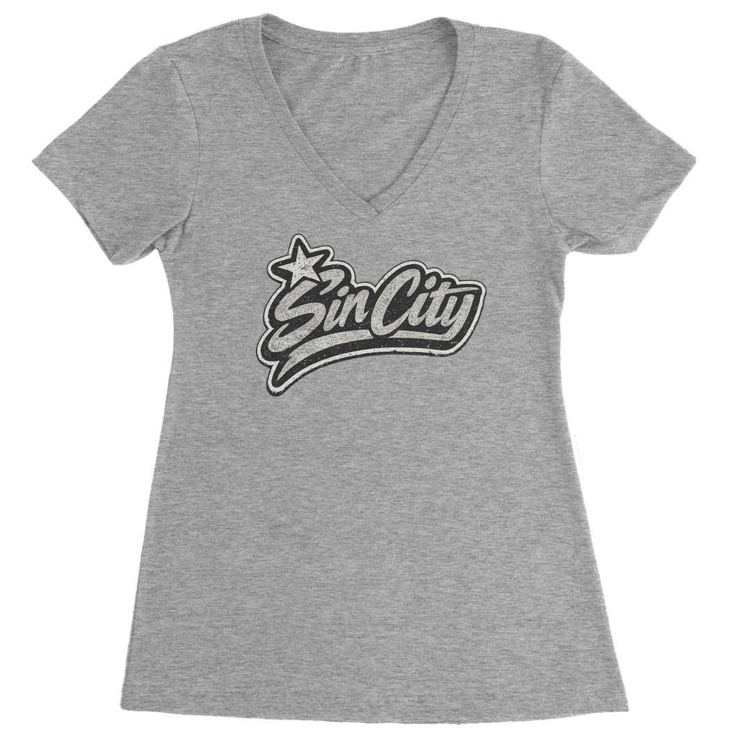 Sin City Vegas Retro Vintage Ladies V-Neck T-shirt Heather Grey