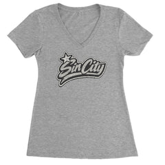 Sin City Vegas Retro Vintage Ladies V-Neck T-shirt Heather Grey